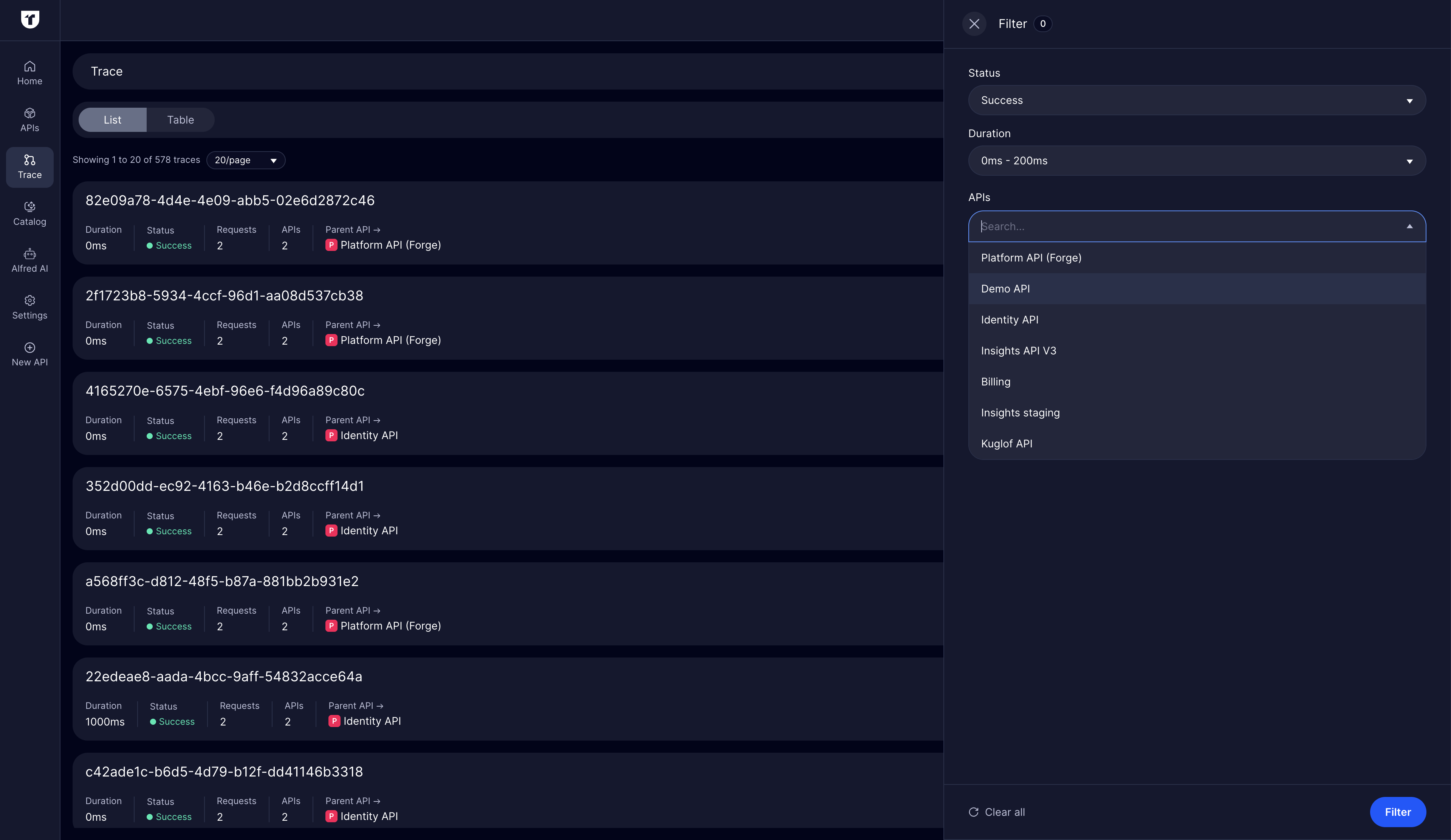 Filtering options in Treblle Trace