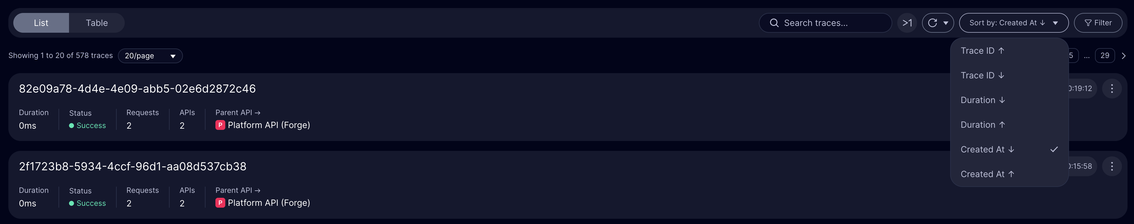 Sorting options in Treblle Trace